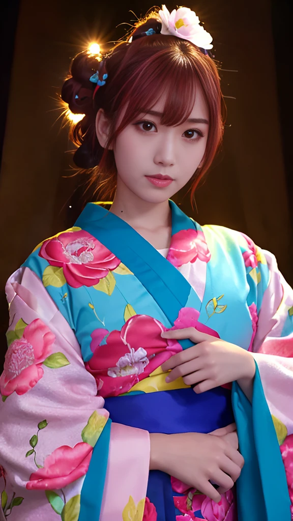 “A beautiful anime-style girl with pink hair styled in twin buns, wearing a traditional floral-patterned kimono with blue and yellow obi, standing among vibrant peony flowers. She has an intense glare, with narrowed eyes, furrowed brows, and a fierce, intimidating expression. The scene is rendered in a divine, realistic anime style with a heavenly glow around her. The background is a soft, bright sky with a few petals falling around, and an ethereal light enhances the overall majestic atmosphere.”