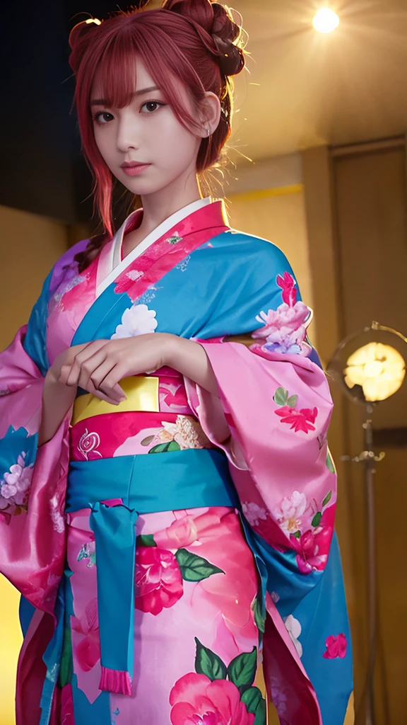 “A beautiful anime-style girl with pink hair styled in twin buns, wearing a traditional floral-patterned kimono with blue and yellow obi, standing among vibrant peony flowers. She has an intense glare, with narrowed eyes, furrowed brows, and a fierce, intimidating expression. The scene is rendered in a divine, realistic anime style with a heavenly glow around her. The background is a soft, bright sky with a few petals falling around, and an ethereal light enhances the overall majestic atmosphere.”
