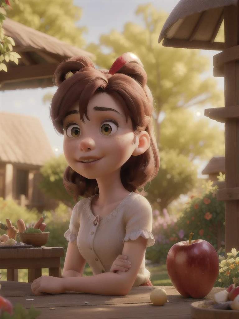 a girl with a red ribbon in her hair, biting an apple, realistic, photorealistic, 8k, masterpiece, chiaroscuro lighting, warm color tones, natural skin textures, beautiful detailed eyes, beautiful detailed lips, extremely detailed face, highly detailed, intricate details, hyper realistic, cinematic lighting, dramatic shadows, vibrant colors, lush environment, detailed background, beautiful garden setting, natural lighting, soft focus, shallow depth of field