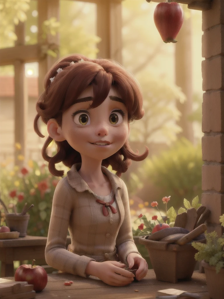a girl with a red ribbon in her hair, biting an apple, realistic, photorealistic, 8k, masterpiece, chiaroscuro lighting, warm color tones, natural skin textures, beautiful detailed eyes, beautiful detailed lips, extremely detailed face, highly detailed, intricate details, hyper realistic, cinematic lighting, dramatic shadows, vibrant colors, lush environment, detailed background, beautiful garden setting, natural lighting, soft focus, shallow depth of field