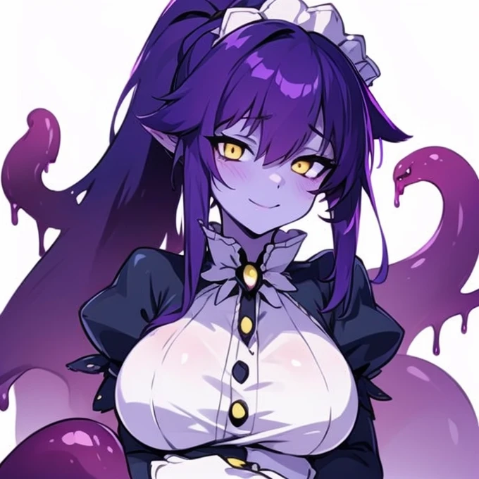 Masterpiece, best quality, expressive eyes, perfect face, 1girl, solo, monster girl, colored skin, maid headdress, maid, yellow eyes, purple hair, slime girl, breasts, smile, ponytail, bedroom background, long hair, looking at viewer, room background, smile, apron,sh0ggoth, upper_body  