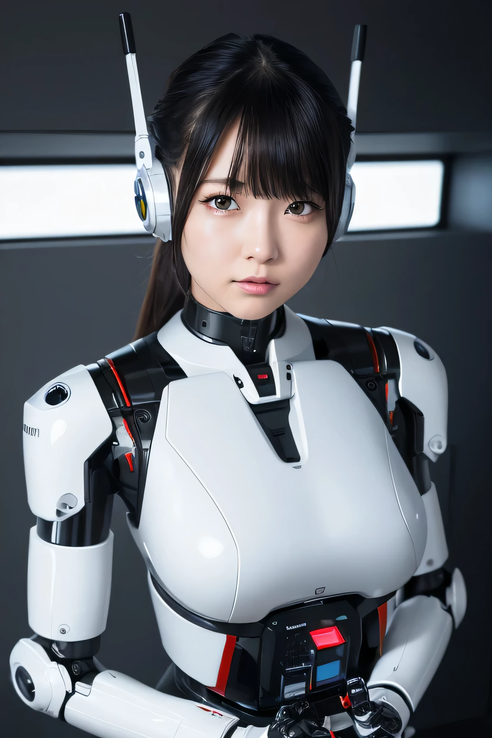 masterpiece, best quality, extremely detailed,  Japaese Cyborg girl,Plump , control panels,android,Droid,Mechanical Hand, Robot arms and legs, Black Robot Parts,Black hair,Mechanical body,Blunt bangs,White robotics parts,perfect robot girl,long tube,thick cable connected her neck,ceramic body ,mechanical body, mechanical ear cover, mechanical costume,android,robot,humanoid,cyborg,japanese android woman ,mechanical chest,full eyes,future laboratory,connecting a cable between the legs,