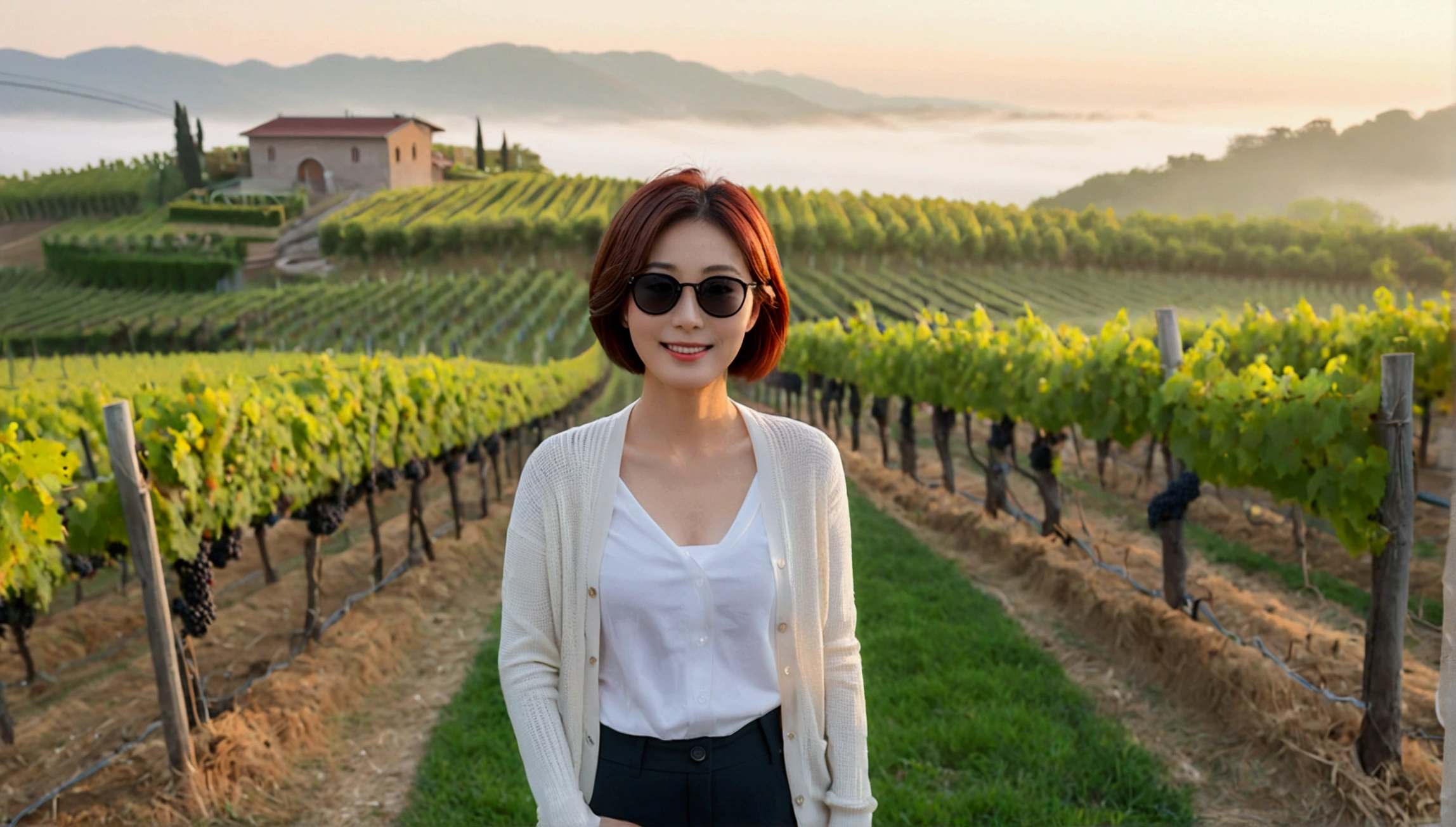8k, lifelike photo,, 36 year old Korean woman, Short in stature, pretty like a model. front view, white shirt and short cardigan, casual pants, short medium hair, smiling, Italy. vineyard, thick dawn fog. vineyard 지나 smother 속으로 저 멀리 성당이 보인다. Full body shot from afar with a wide angle lens , 1 woman, Short in stature, looking at the camera, superb picture quality, The morning fog is thick, The picture quality is alive.. Full body shot with Canon 16-35 wide angle lens, wearing black sunglasses, Looking to the side., The cathedral is visible in the red morning sunlight.., standing on the hill, smother