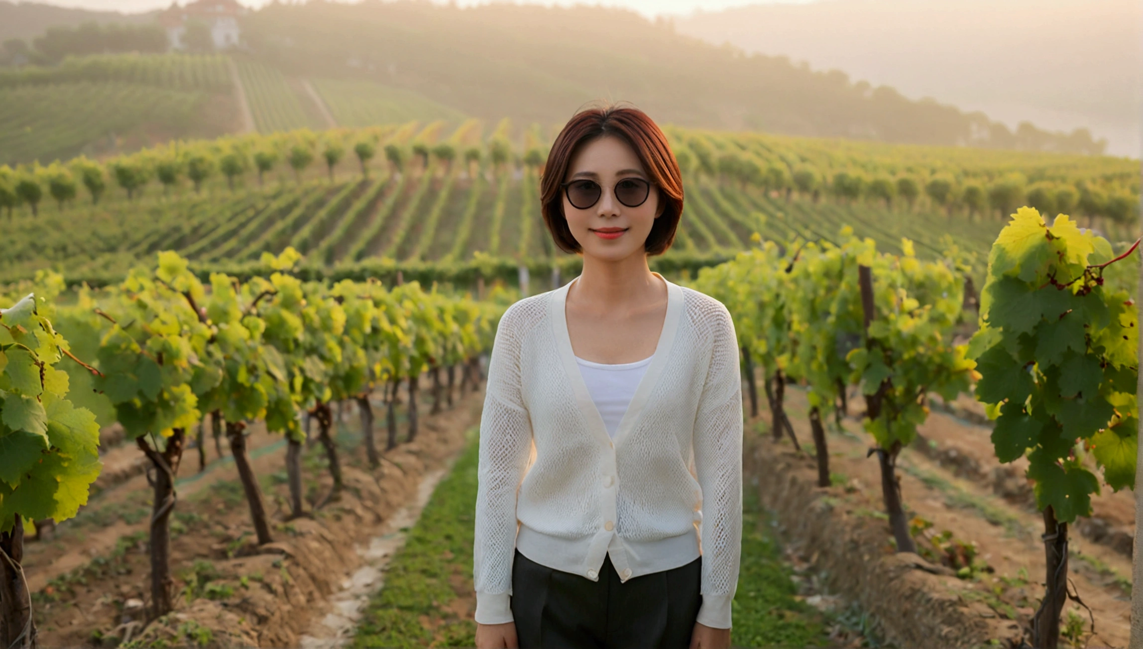 8k, lifelike photo,, 36 year old Korean woman, Short in stature, pretty like a model. front view, white shirt and short cardigan, casual pants, short medium hair, smiling, Italy. vineyard, thick dawn fog. vineyard 지나 smother 속으로 저 멀리 성당이 보인다. Full body shot from afar with a wide angle lens , 1 woman, Short in stature, looking at the camera, superb picture quality, The morning fog is thick, The picture quality is alive.. Full body shot with Canon 16-35 wide angle lens, wearing black sunglasses, Looking to the side., The cathedral is visible in the red morning sunlight.., standing on the hill, smother