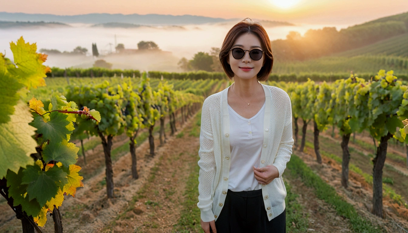 8k, lifelike photo,, 36 year old Korean woman, Short in stature, pretty like a model. front view, white shirt and short cardigan, casual pants, short medium hair, smiling, Italy. vineyard, thick dawn fog. vineyard 지나 smother 속으로 저 멀리 성당이 보인다. Full body shot from afar with a wide angle lens , 1 woman, Short in stature, looking at the camera, superb picture quality, The morning fog is thick, The picture quality is alive.. Full body shot with Canon 16-35 wide angle lens, wearing black sunglasses, Looking to the side., The cathedral is visible in the red morning sunlight.., standing on the hill, smother