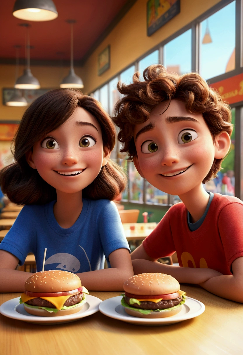 An illustration of two adorable friends, formed by two teenagers, with beautiful expressive eyes. They are in a cafeteria eating two burgers, each with a smile on their face, and share a special moment characterized by friendship, Perceptions. Illustrate this scene from a perspective where they are facing the camera, Smiling and showing your connection. Develop this art in Full HD, Focus on your cinematic talent, Estilo Disney Pixar Animations