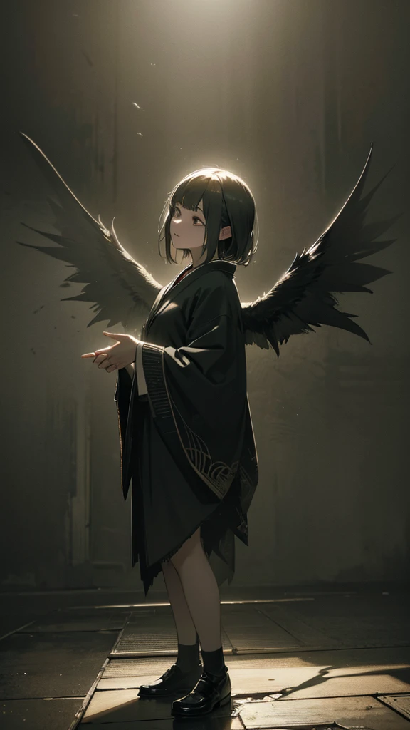 a young japanese girl, demon, demonic wings, abandoned church, full body view, low angle shot, (best quality,4k,8k,highres,masterpiece:1.2),ultra-detailed,(realistic,photorealistic,photo-realistic:1.37),detailed facial features, beautiful intricate eyes, long eyelashes, sharp focus, cinematic lighting, dramatic shadows, moody atmosphere, dark fantasy, gothic, muted color palette, dramatic lighting
