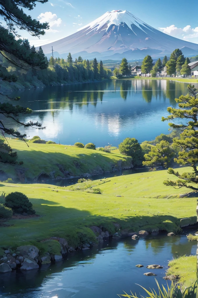Mount Fuji and a tranquil lake landscape Coloring book