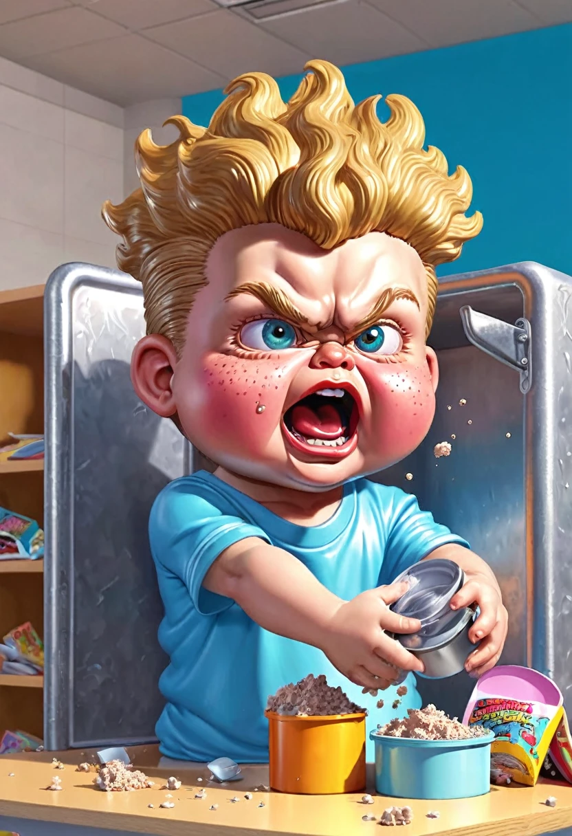 kid popping pimples on his face, ((garbage pail kids style)), in a school, 3d cartoon, high quality, detailed