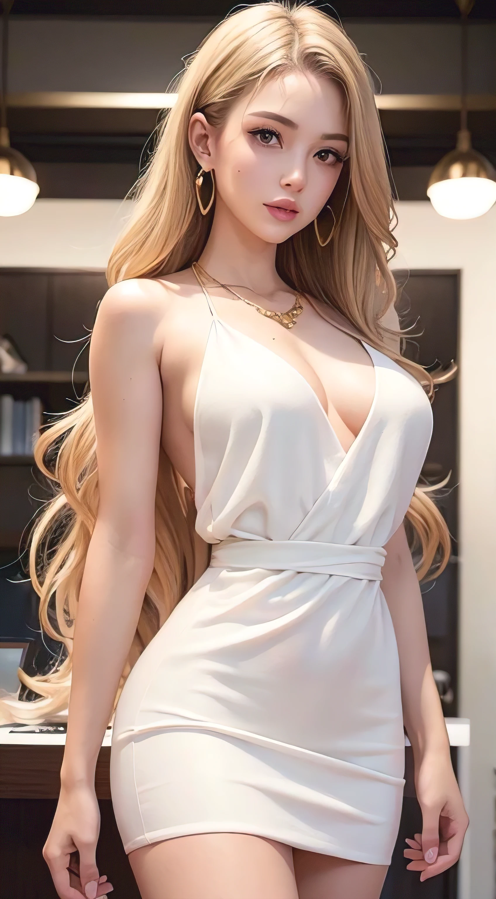 European and American women, Fashion Model, Wearing a white fluffy dress, Glamour, Paparazzi take pictures of her, Blonde, Brown eyes, 8k, high quality, masterpiece, 最high quality, High resolution, Very detailed, Volumetric lighting, Realistic,wearing white wrap mini dress,gold necklace＿Large earrings、Super long golden hair,Hair with loose waves inside _Hair reaching down to the waist,in the stylish office at night