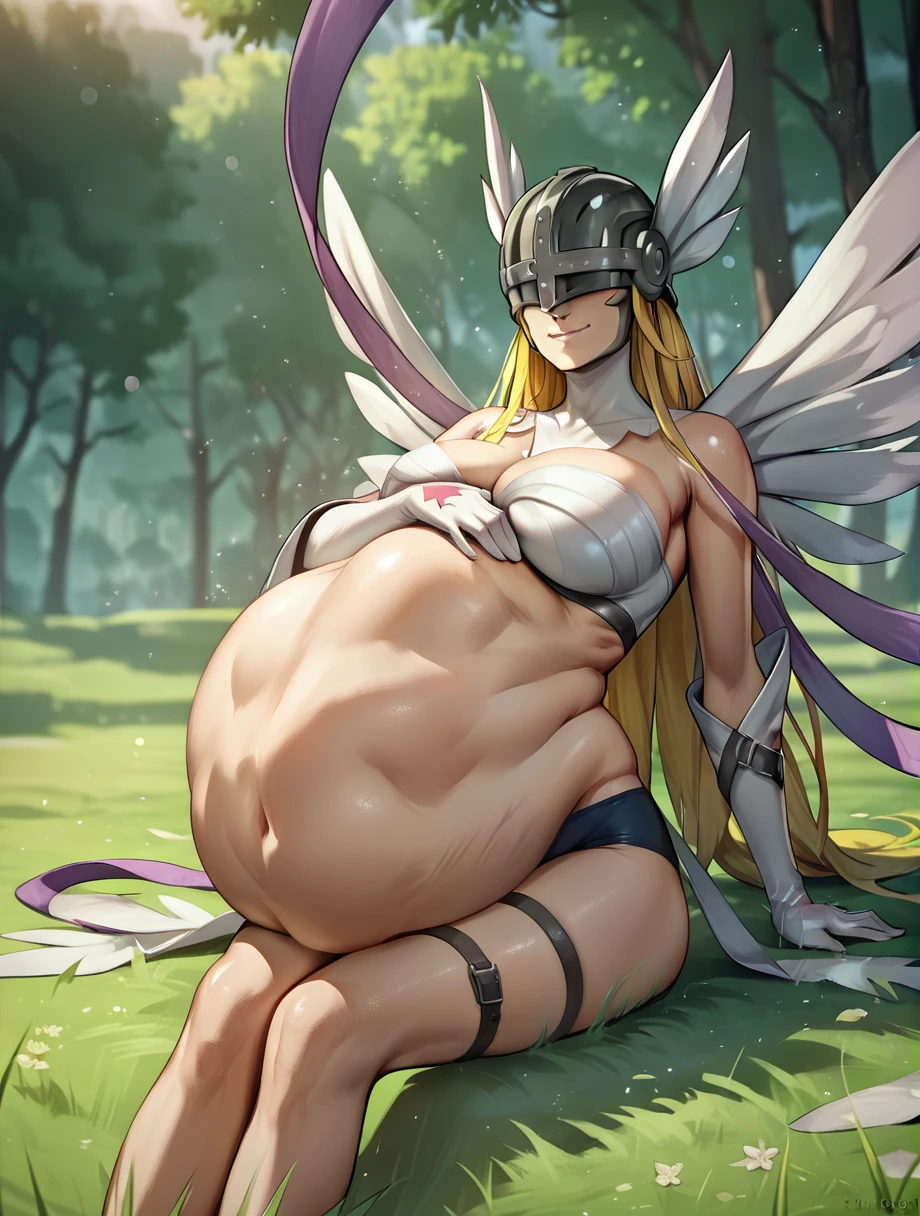 source_cartoon, (score_9,score_8_up,score_7_up,),solo,  very aesthetic, bokeh,light particles,
1 girl,
Angewomon, Digimon, (vore belly), (person inside belly), sitting in grass, (burping:1.2), (helmet covering eyes), large chest, smiling, (yellow hair),