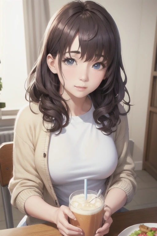 girl,Character design sheet,Beautiful attention to detail,Beautiful lip detail,Very detailed目と顔,Long eyelashes,Realistic,photoRealistic:1.37,Very detailed,Professional,Vibrant colors,Portraiture,Studio Lighting,Sharp focus,Physically Based Rendering,High resolution,超High resolution. blue eyes,Big eyes, Long Hair,Curly hair、Black Hair,Red cheeks,Droopy eyes,Small breasts,Jacket,Red cardigan,White T-shirt,White long skirt,Drink,straw
