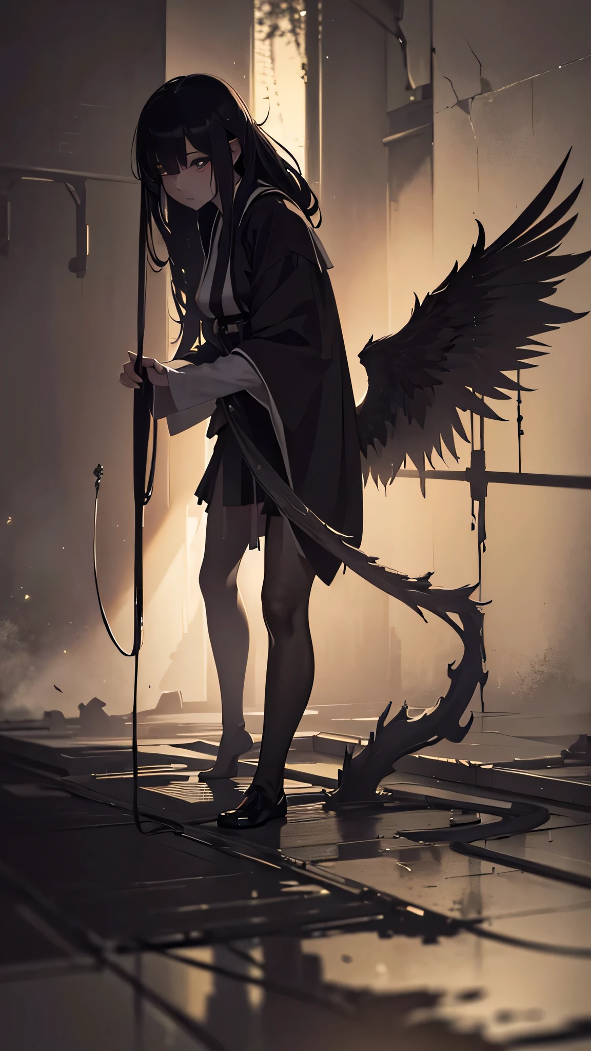a young japanese girl, demon, demonic wings, abandoned church, full body view, low angle shot, (best quality,4k,8k,highres,masterpiece:1.2),ultra-detailed,(realistic,photorealistic,photo-realistic:1.37),detailed facial features, beautiful intricate eyes, long eyelashes, sharp focus, cinematic lighting, dramatic shadows, moody atmosphere, dark fantasy, gothic, muted color palette, dramatic lighting