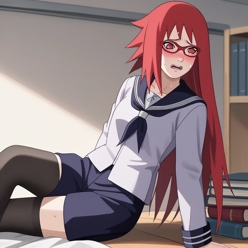 Red hair, 1 Girl, Glasses, Long hair, Red Eyes, Solitary, Sailor Suit, Black over-the-knee stockings, Black shorts, Umbilical cord, Looking at the audience,No students, Japanese cartoons screencap, Japanese cartoons coloring,src_Japanese cartoons,Naruto \(series\), Naruto shippuuden,((blush,nervous,Vision,library,bookshelf,sit on the chair,))masterpiece, absurd , (Intricate details), (Colorful), light, Extremely detailed CG Unity 8k wallpaper ,1 Girl, solo,(shy,classroom,night,blush,nervous,Sweating,蕾丝dress, ),sweat,blush,blush1.5,Blush,Medium chest,((dress,Black stockings,)),(dress,Lying in bed,Uncomfortable expression,Mouth open,spit)