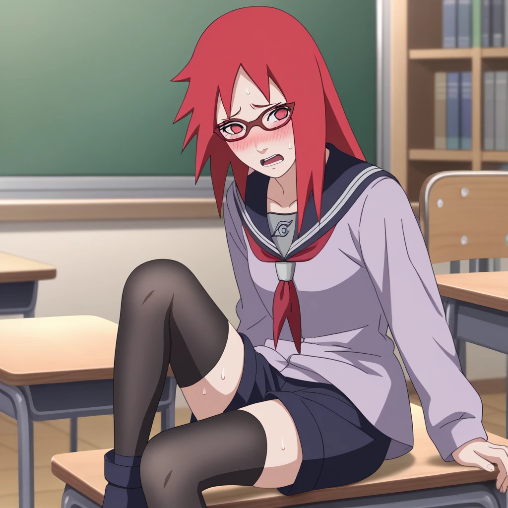 Red hair, 1 Girl, Glasses, Long hair, Red Eyes, Solitary, Sailor Suit, Black over-the-knee stockings, Black shorts, Umbilical cord, Looking at the audience，No students, Japanese cartoons screencap, Japanese cartoons coloring,src_Japanese cartoons,Naruto \(series\), Naruto shippuuden,（（blush，nervous，Vision，library，bookshelf，sit on the chair，））masterpiece， absurd ， （Intricate details）， （Colorful）， light， Extremely detailed CG Unity 8k wallpaper ，1 Girl， solo，（shy，classroom，night，blush，nervous，Sweating，蕾丝dress， ），sweat，blush，blush1.5，Blush，Medium chest，（（dress，Black stockings，）），（dress，Lying in bed，Uncomfortable expression，Mouth open，spit）
