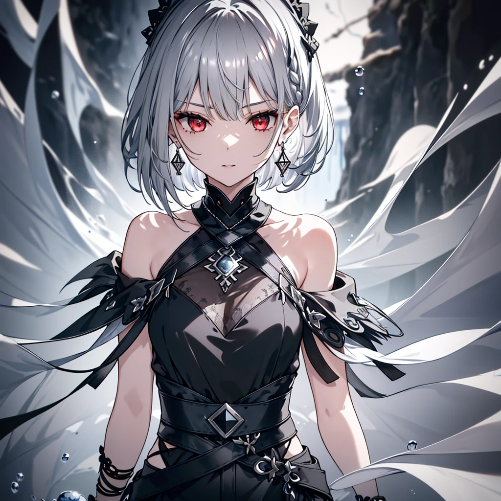 8k,High resolution RAW color art,Anime Art, (((Very detailed and cool))), Detailed skin, Blur、texture,(Exquisitely crafted, The finer details, Ultra-detailed art), (((One girl))), Depth of written boundary, Silky Touch, Hyper Detail, (((Cool face))), eye shadow、Silver Marble Skin, Beautiful detailed red eyes, Beautiful lip detail, Highly detailed face, Delicate depiction of hair and eyes, Elegant fashion, Silver earrings,Silver Bracelet、Full body depiction, Black half top、(((Shoulder Bare)))、Black shorts、black waist cloak、black tightatte cloth、 Medium grey hair, Straight Hair、Short Hair、(((Hair)))、Standing on the surface of the water、Clear face、Diagonal orientation、Controlling Water