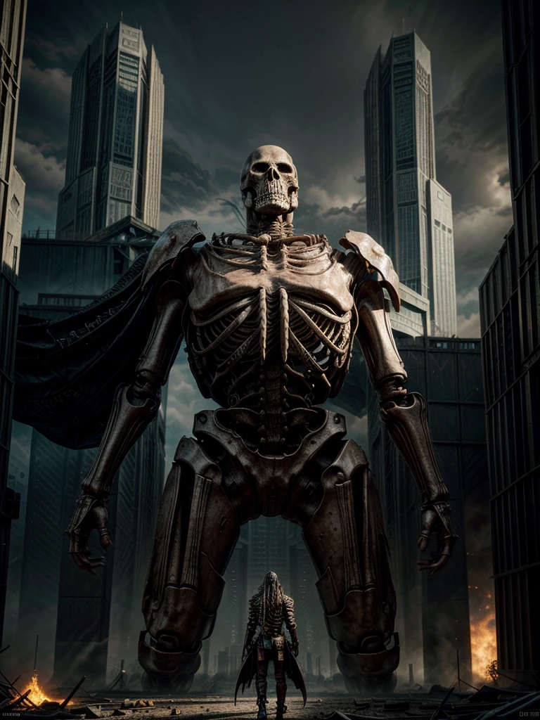 a close up of a person standing in front of a large skeleton, cyberpunk skeleton, apocalyptic art, epic fantasy sci fi illustration, giant  bones, towering giant made of zombies, concept art for movies, eerie nostalgic concept art, epic digital concept art, concept arts, by Shen Zhou, apocalypse art, award winning concept art, epic video game art