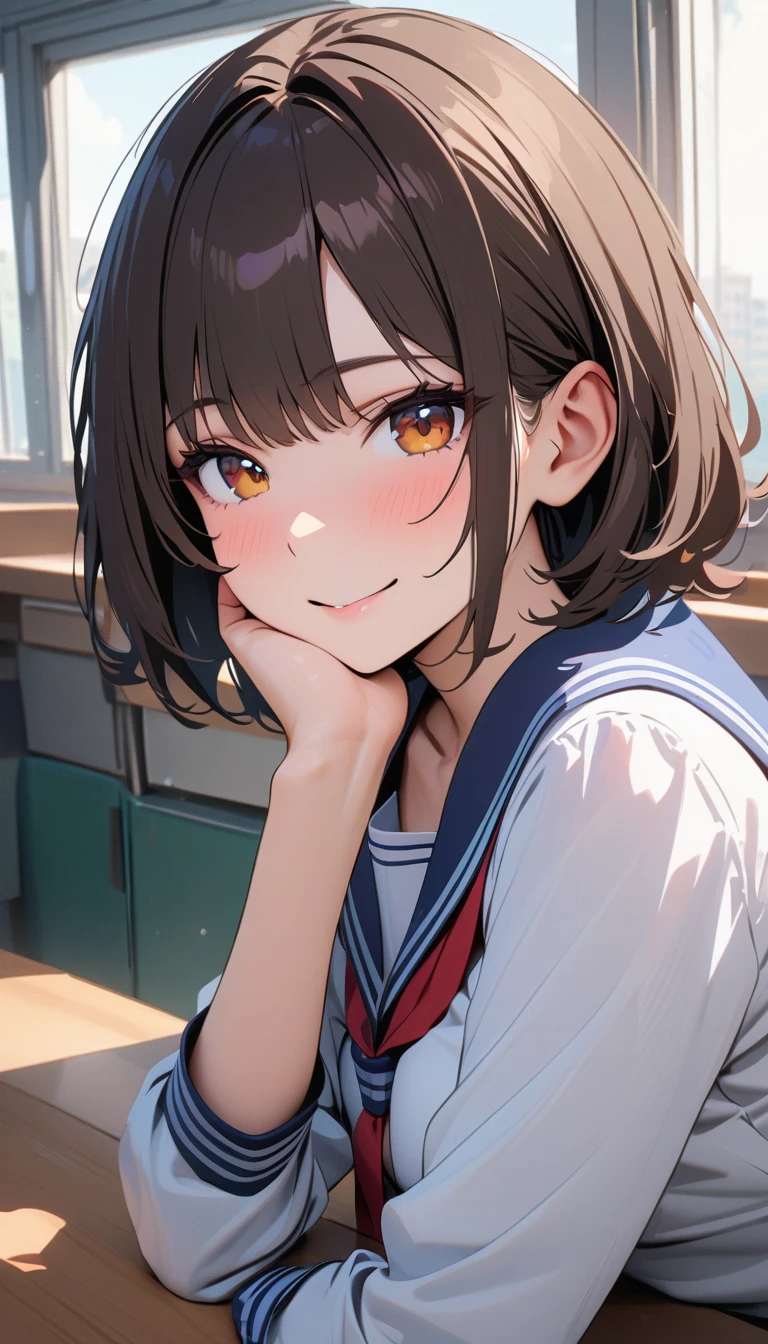 modern, Verism, masterpiece, textured skin, super detail, best quality, 4K , A beautiful woman ,Short Bob,Dark brown hair ,Sailor suit, she is resting her chin on her hand, looking at the camera, close your eyes, smile, The setting is inside a high school classroom during the day.