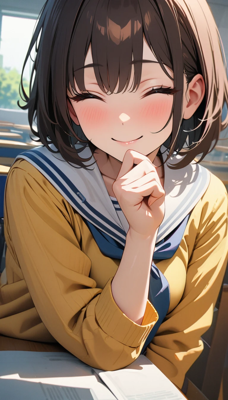 modern, Verism, masterpiece, textured skin, super detail, best quality, 4K , A beautiful woman ,Short Bob,Dark brown hair ,Sailor suit, she is resting her chin on her hand, looking at the camera, close your eyes, smile, The setting is inside a high school classroom during the day.