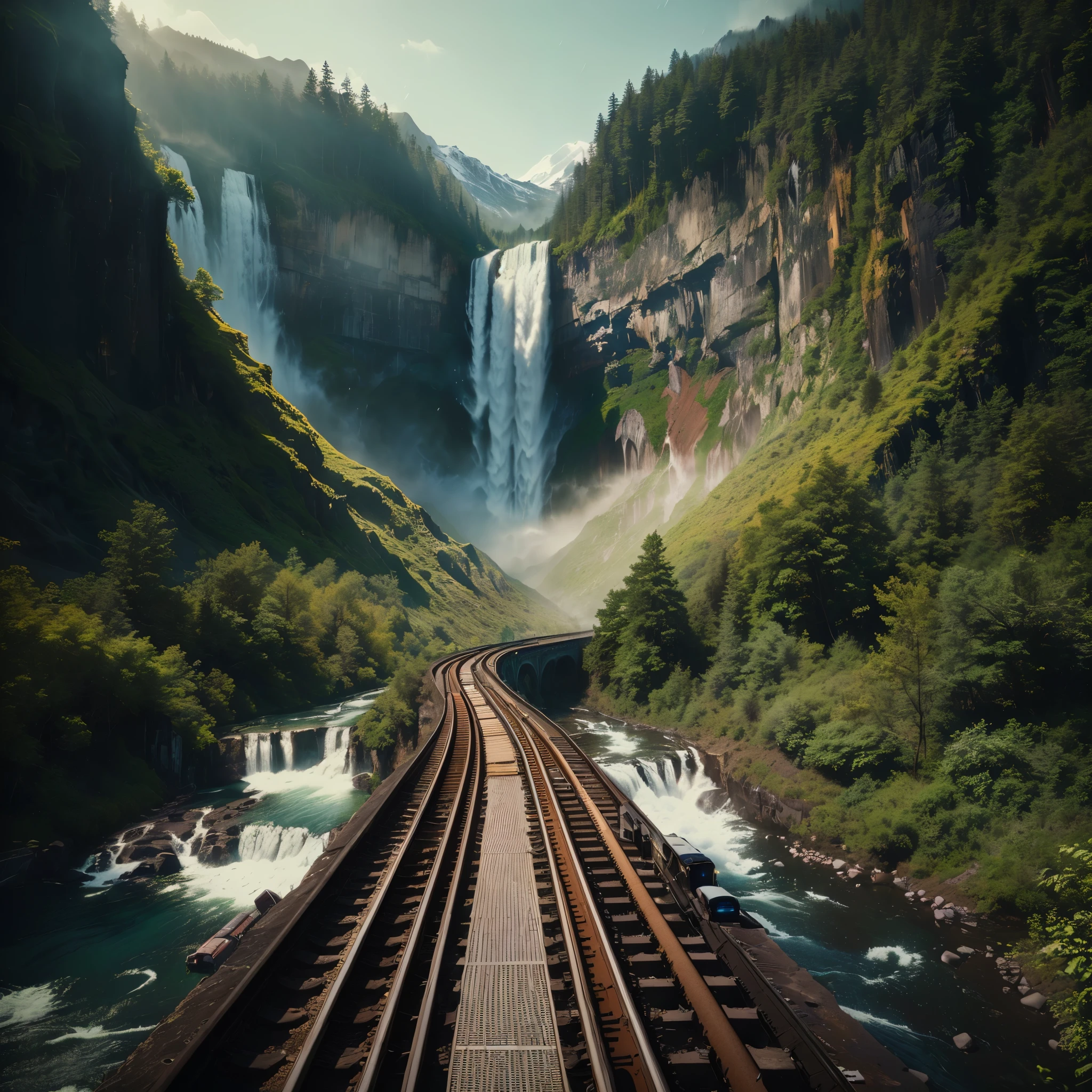 A train runs along the tracks near the waterfall, Endless Waterfall, unsplash Contest winning photo, railway, 4K portrait wallpaper, 4K vertical wallpaper, Adventure Hyper Real Rendering, Jason A. Engle, 4K Wallpapers of Movies, Cinematic 4K Wallpapers, traveling through the mountains, Waterfall in the background, With waterfall, Waterfall in the distance
