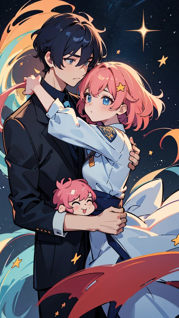 Men and women with the same face、, Men and women with the same eye color、, Men and women with the same hairstyle and hair color、, Embrace each other、, twins、, constellation、, star、, universe、, cinematic lighting, UHD, highres, best quality, 8k