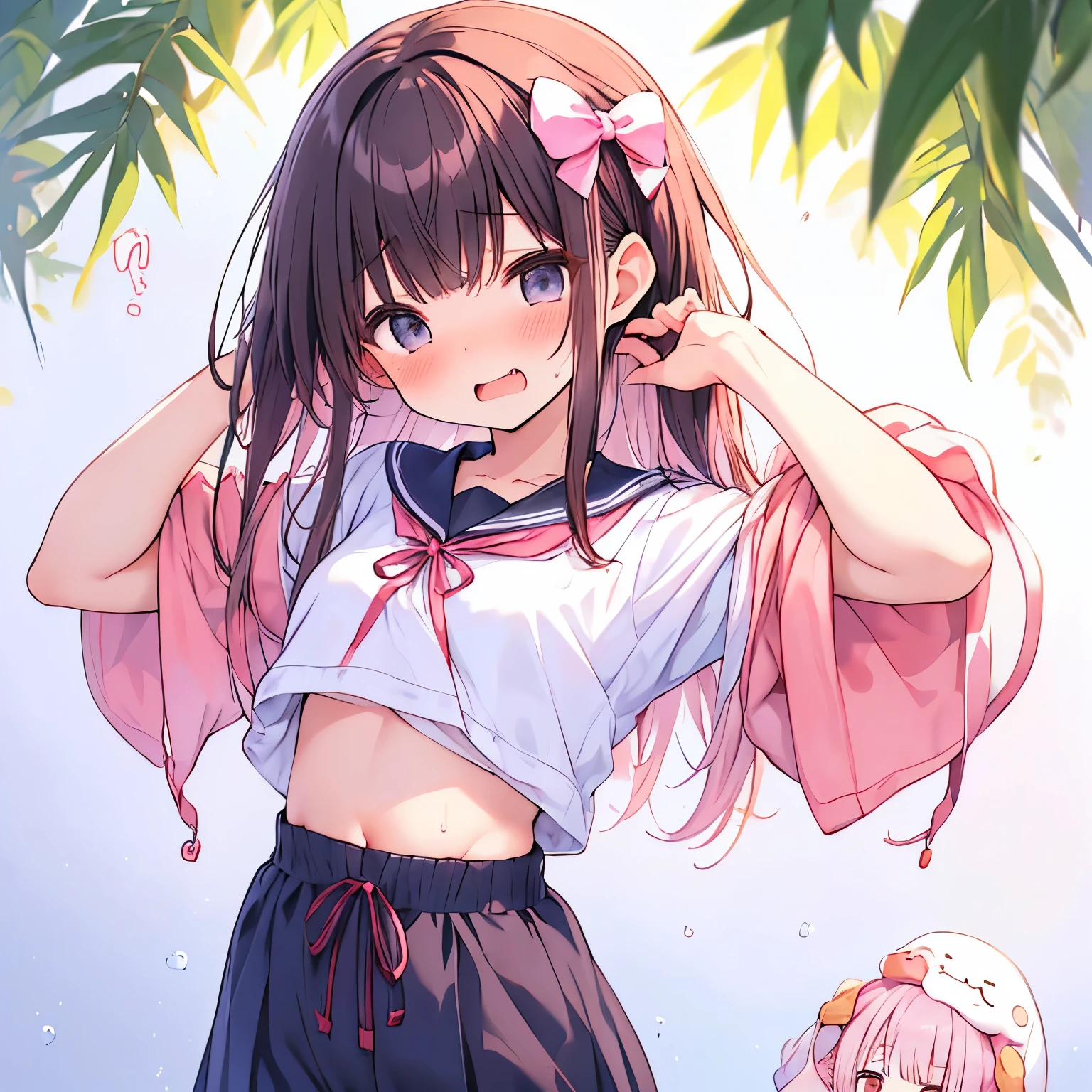 ((日本人のgirl1人、aldult)), ( small)), Black Hair、Brown Hair、masterpiece, 最high quality, high quality, Highly detailed 8K wallpapers,in the forest、Pink Hair、Tropics、Extreme heat、Heavy breathing、breathe、Sweat、Head ornament、Long Hair、Moist eyes、cute girls、Cute Female、Bold Pose、(Open your mouth、Small double tooth、Embarrassed face)、Mole、Waiting for ice cream、No fixes、Wave、(girl、Cute casual clothes、ribbon、Squid Belly、Wearing pink)、（No underwear）、Beautiful flat breasts、（激しいSweat）、(Saliva volume:1.4）、(Elementary school girl、Cute belly、Before menarche、Abdominal distention、Cute Pants）、（stroking the stomach:2）、(A comfortable face、Beautiful Face）、（serving）、（Trembling in the lower back:2）、Life-size、In front of the camera、Walk with your feet together