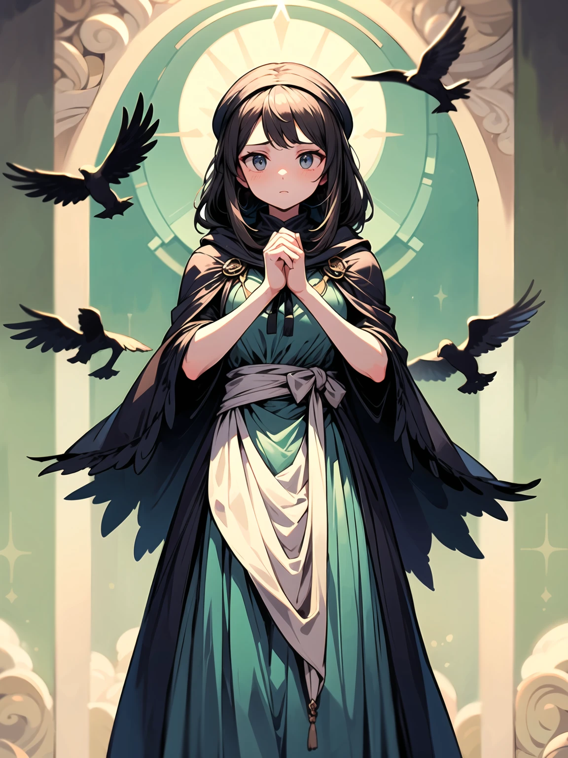 ((work of art, best qualityer, 15k)) Uma work of art radiante de uma personagem feminina  com uma beleza incrível  em um ambiente chuvoso em uma floresta , She exudes an air of mystery and power. She wears a black cape covering her entire body. , where you can just see your face , in which there is an air of power and fear , and around her were several black crows,  and in your hands you can see traces of black magic 