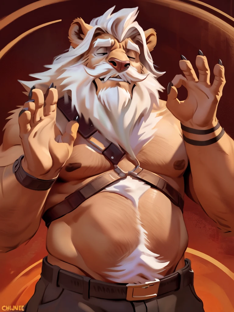 by chunie by catsudon by retros, male,((mature,mature male)),((Bearded,mustache)), felid, solo, Lion,dad bod,(white hair), facial hair, facing viewer, (((closed eyes))), ((smilling)), feline claws, ((5 fingers)), red and orange spiral background, shirtless, smile, ((((ok gesture)))), palm forward,
