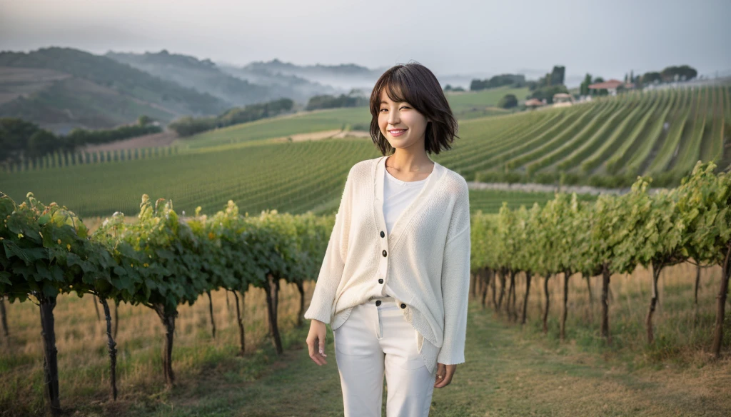 8k realistic, lifelike photo,, 36 year old Korean woman, Short in stature, pretty like a model. front view, White shirt and short cardigan, casual pants, short medium hair, Smiley, Italy. vineyard, thick dawn fog. vineyard 지나 짙은 안개 속으로 저 멀리 성당이 보인다. Full body shot from afar with a wide angle lens , 1 woman, Short in stature, Look to the side, Excellent picture quality, The morning fog is thick, The picture quality is alive. Full body shot with Canon 16-35 wide angle lens