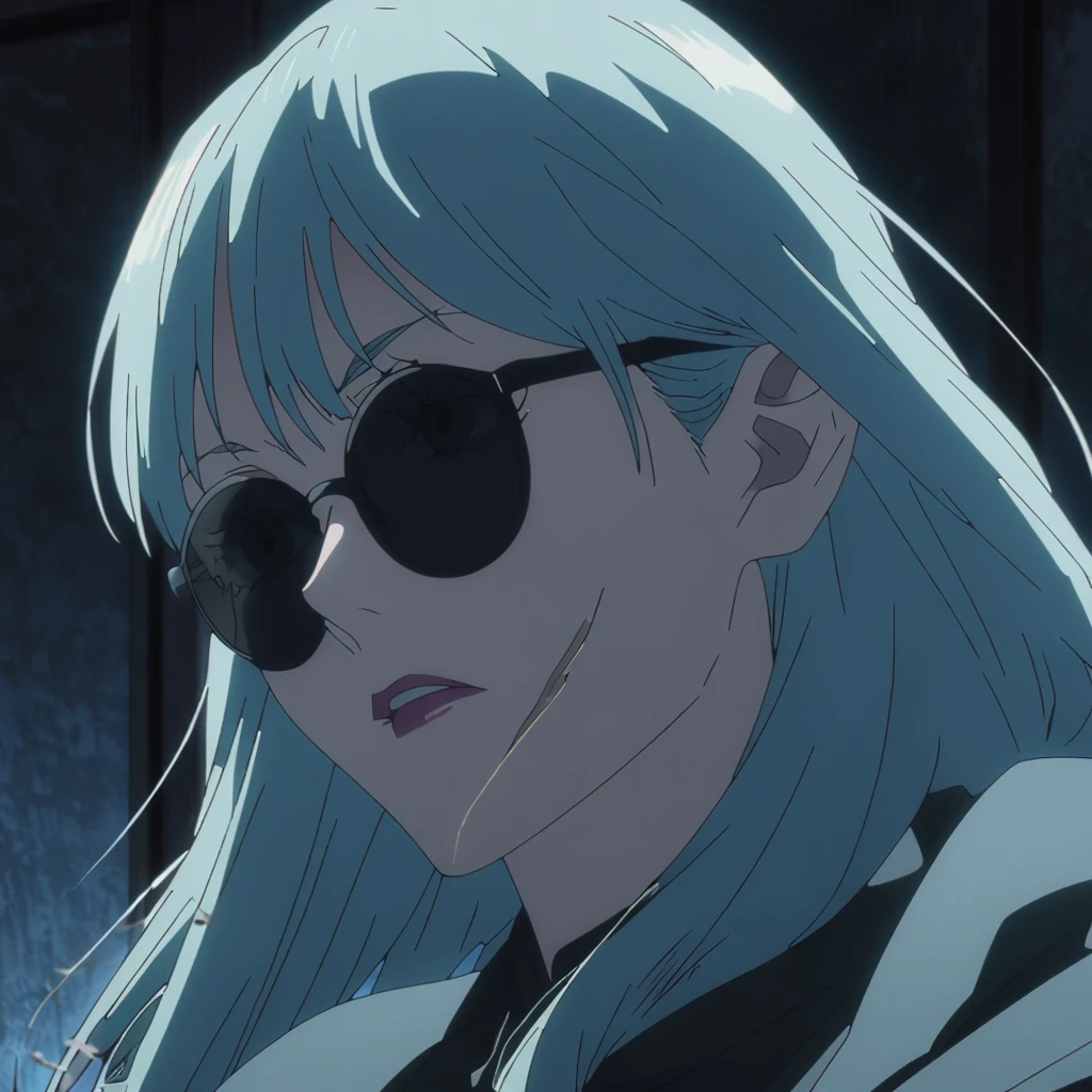 1women, female gojo satoru, anime screencap from jujutsu kaisen, gojo satoru female version, solo, long_hair, a woman wearing black round sunglasses with her face partially obscured by the sunglasses. The woman is wearing a black dress, inside, window, moonlight,