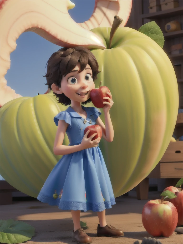 3d , biting an apple, with blue dress .