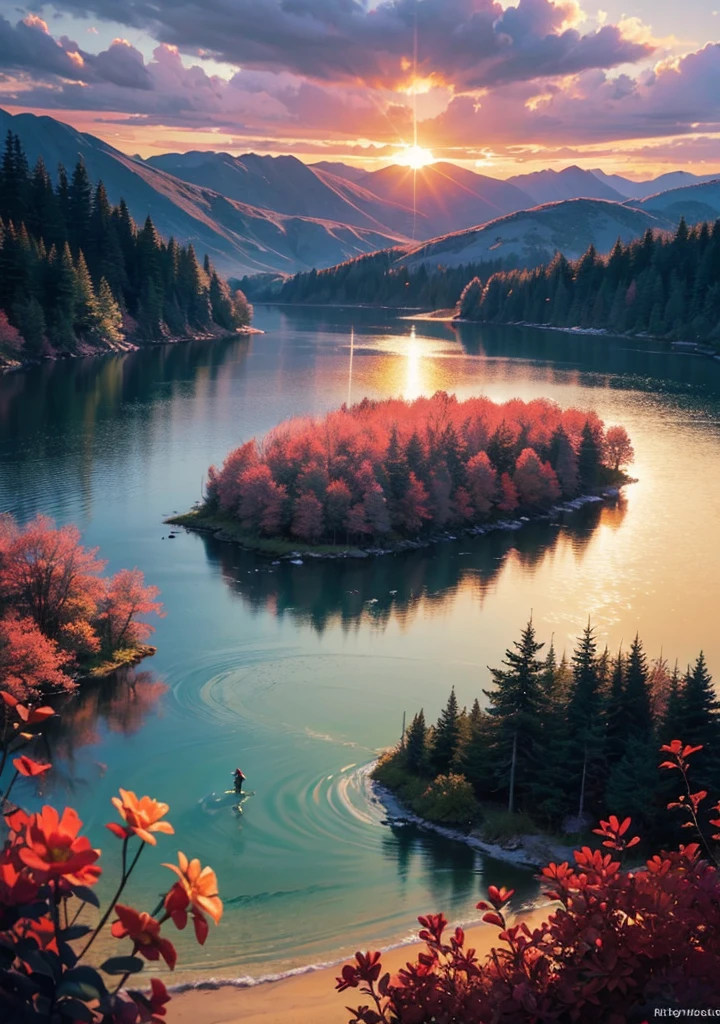 a person standing on the edge of a mountain with the sun setting in the background, 3 d virtual landscape painting, cut into the side of a mountain, beautiful render of a landscape, breathtaking mountains, inspired by sylvain sarrailh, stunning visuals, stunning visuals with rtx on, beautiful visuals, epic 8 k hd anime shot, inspired by Atey Ghailan, visually stunning scene, 8k hd trending on art station, background in a cinematic, epic and cinematic view, low angle 8k hd nature photo, 3d 8k hd trending on art station, cinematic view, some mountains in the background, 8 k epic scene, anime vibrant colour combination.color spreading, yellow, pink, green, flower velly, detailed texture,