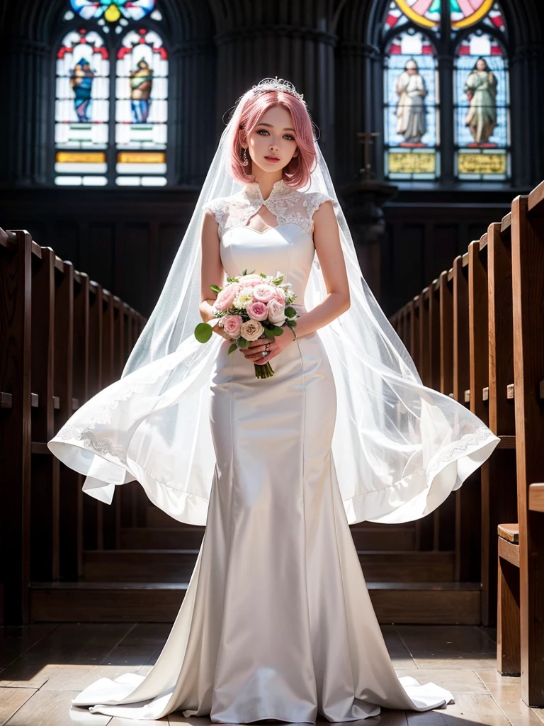 A beautiful young woman with long, flowing pink hair stands alone in a church, wearing a delicate white wedding dress. She has a serene and happy expression on her intricately detailed face, with large, expressive eyes, a small nose, and lush lips. Sunlight filters through the stained-glass windows, casting a warm glow over her figure. Delicate flowers surround her as she prepares to take her vows, her frame filling the frame. This high-quality, hyper-realistic scene captures the joy and beauty of this special moment.
(best quality,4k,8k,highres,masterpiece:1.2),ultra-detailed,(realistic,photorealistic,photo-realistic:1.37),1girl,wedding dress,white dress,church interior,stained glass windows,detailed face,long pink hair,short hair,,beautiful,glowing,standing,flowers around her,full body shot