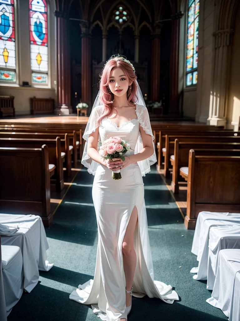 A beautiful young woman with long, flowing pink hair stands alone in a church, wearing a delicate white wedding dress. She has a serene and happy expression on her intricately detailed face, with large, expressive eyes, a small nose, and lush lips. Sunlight filters through the stained-glass windows, casting a warm glow over her figure. Delicate flowers surround her as she prepares to take her vows, her frame filling the frame. This high-quality, hyper-realistic scene captures the joy and beauty of this special moment.
(best quality,4k,8k,highres,masterpiece:1.2),ultra-detailed,(realistic,photorealistic,photo-realistic:1.37),1girl,wedding dress,white dress,church interior,stained glass windows,detailed face,long pink hair,short hair,,beautiful,glowing,standing,flowers around her,full body shot