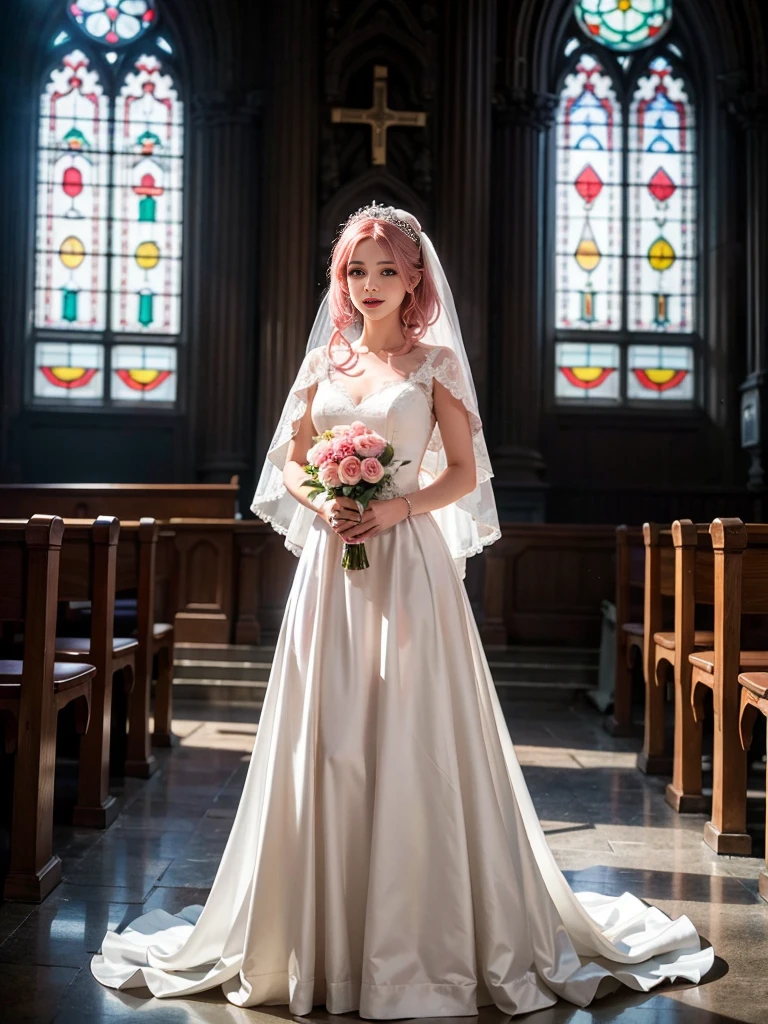 A beautiful young woman with long, flowing pink hair stands alone in a church, wearing a delicate white wedding dress. She has a serene and happy expression on her intricately detailed face, with large, expressive eyes, a small nose, and lush lips. Sunlight filters through the stained-glass windows, casting a warm glow over her figure. Delicate flowers surround her as she prepares to take her vows, her  frame filling the frame. This high-quality, hyper-realistic scene captures the joy and beauty of this special moment.

(best quality,4k,8k,highres,masterpiece:1.2),ultra-detailed,(realistic,photorealistic,photo-realistic:1.37),1girl,wedding dress,white dress,church interior,stained glass windows,detailed face,long pink hair,short hair,,beautiful,glowing,standing,flowers around her,full body shot