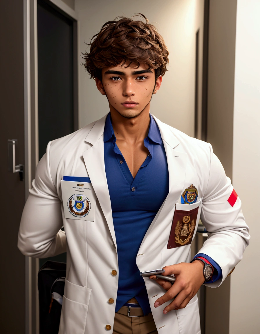 Medium shot,Medicine student ,2nd year , cool , hunk, 22 year old,tan skin,(messy brown hair),handsome , in university,uniform