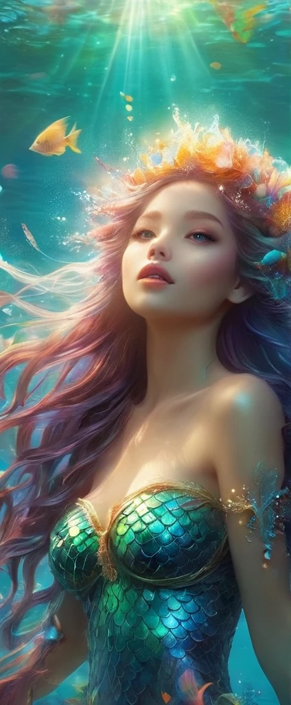 a beautiful mermaid singing underwater, funny, fantasy anime,1girl,mermaid,underwater,singing,fish,fantasy,colorful,vibrant colors,detailed face,long hair,beautiful eyes,beautiful lips,intricate details,masterpiece,best quality,8k,photorealistic,cinematic lighting,dynamic composition,magical atmosphere,whimsical,bright colors,glowing bioluminescent elements