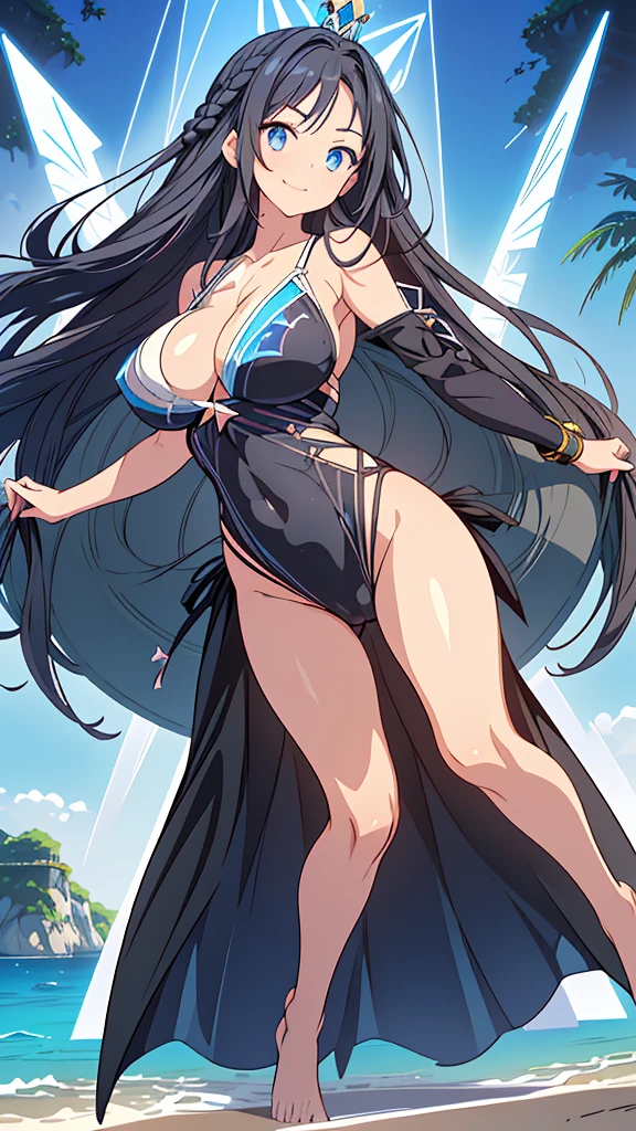 best quality, extremely detailed,anime style girl,long hair down to the waist, straight hair, ((dark black hair with bluish)),((crown braid)),beautiful detailed eyes, ed eyes, (dark blue eyes),huge breasy,((((Mystical atmosphere  transparency dressswimwear)))),clothing with complex patterns,smile,((((casual beach)))),Sunlight,((((Diagonal angle)))),dynamic angle,((active pose))