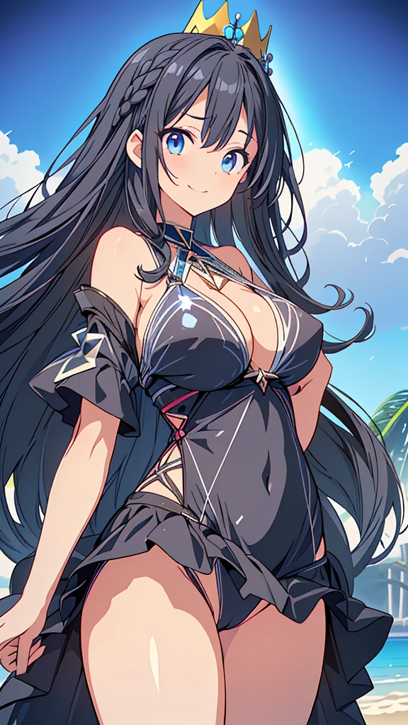 best quality, extremely detailed,anime style girl,long hair down to the waist, straight hair, ((dark black hair with bluish)),((crown braid)),beautiful detailed eyes, pinched eyes, (dark blue eyes),huge breasts,curvy,((((Mystical atmosphere transparency dressswimwear)))),clothing with complex patterns,smile,((((casual beach)))),Sunlight,((((Diagonal angle)))),dynamic angle,((active pose))