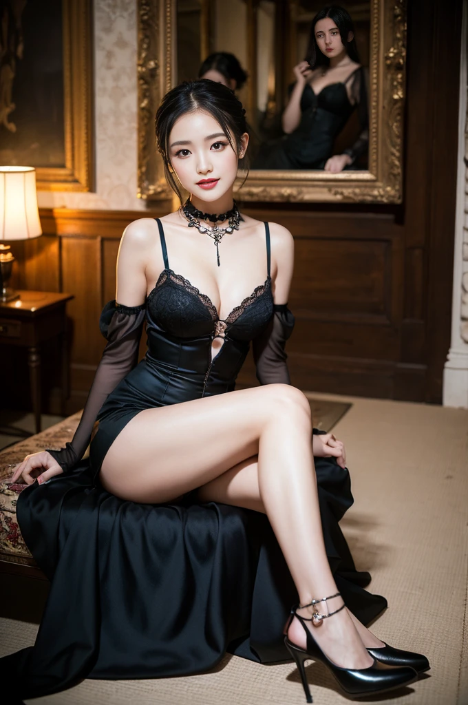 (Only one person), Pure Japanese young girl, wearing gothic style gorgeous dress and accessories, high heels, vivid makeup and lips, thick eyebrows, formal black hair styles, sweet smile, sitting in antique gothic style interior, summer midnight, decadent atmosphere, dazzle me, professional photography, 