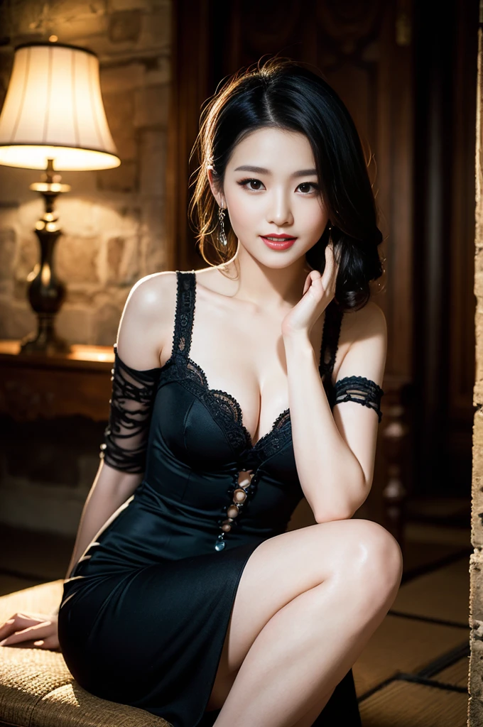 (Only one person), Pure Japanese young girl, wearing gothic style gorgeous dress and accessories, high heels, vivid makeup and lips, thick eyebrows, formal black hair styles, sweet smile, sitting in antique gothic style interior, summer midnight, decadent atmosphere, dazzle me, professional photography,