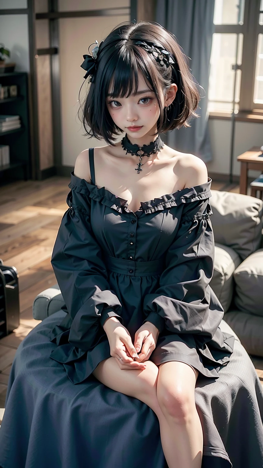 Surreal、A masterpiece of delicate and detailed line drawing、Highest quality、Highest quality、(One Woman、、(Black Hair、Hime cut, short hair:1.2)、(Natural Makeup、Eyelash extensions、Draw eyelashes sharply、Eyebrows are thin and short、Deep orange blush:1.1)、(Spaced out、Looks sleepy、Open your mouth、cheeks turn a little red:1.2)、(Simple black hair accessories、Gothic dress with exposed chest:1.3))、Dark Rose Gardens、Purple Rose、(Blur the background:1.3)、(Top view of the subject:1.1)、Photo from thigh up