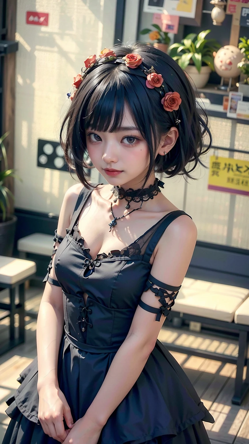 Surreal、A masterpiece of delicate and detailed line drawing、Highest quality、Highest quality、(One Woman、、(Black Hair、Hime cut, short hair:1.2)、(Natural Makeup、Eyelash extensions、Draw eyelashes sharply、Eyebrows are thin and short、Deep orange blush:1.1)、(Spaced out、Looks sleepy、Open your mouth、cheeks turn a little red:1.2)、(Simple black hair accessories、Gothic dress with exposed chest:1.3))、Dark Rose Gardens、Purple Rose、(Blur the background:1.3)、(Top view of the subject:1.1)、Photo from thigh up