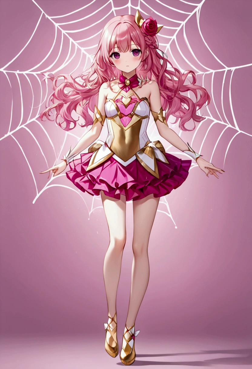 Create an anime-style girl with (((deep magenta eyes and long, wavy pink hair))) ((styled in an elegant frenchbraid)). (((She is slender, and with small breasts))). ((Ensure a full-body shot of her)) wearing a (((pink, gold, and rose gold color magical girl-themed outfit.))) ((The outfit features a spider and spider web theme.)) The overall look is regal and ethereal, with magical glowing effects. cutesexy, purinpuon pixiv, no future, a hyperrealistic , hyperrealistic , realistic , seductive (anime girl), smooth anime cg art, beautiful alluring anime teen, (purinpuon pixiv), ((magical girl)), (masterpiece), best quality, expressive eyes, perfect face ((Highest quality))、((8K))、(((8k wallpaper))) ((Full Body Shot: 1.5))、ultra detailed, masterpiece, best quality, solo ((purinpuon pixiv, no future)) (((purinpuon pixiv, no future)))