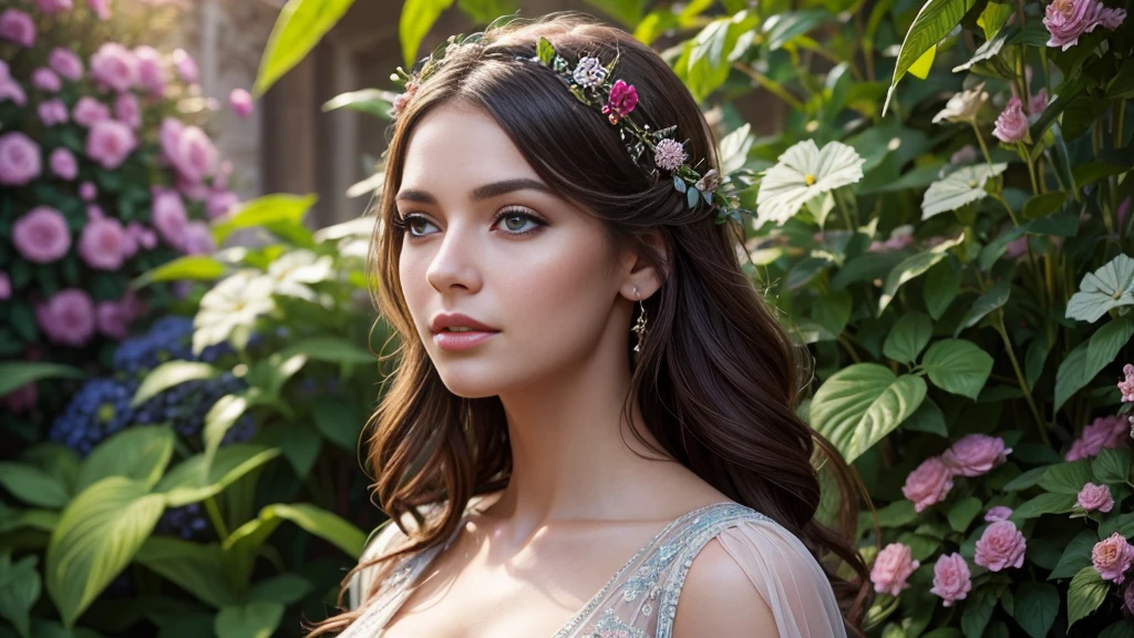 a beautiful woman in a magical garden, detailed face and eyes, long eyelashes, elegant dress, surprised expression, sense of wonder and awe, vibrant colors, soft lighting, 8k, high quality, intricate details, photorealistic, fantasy art