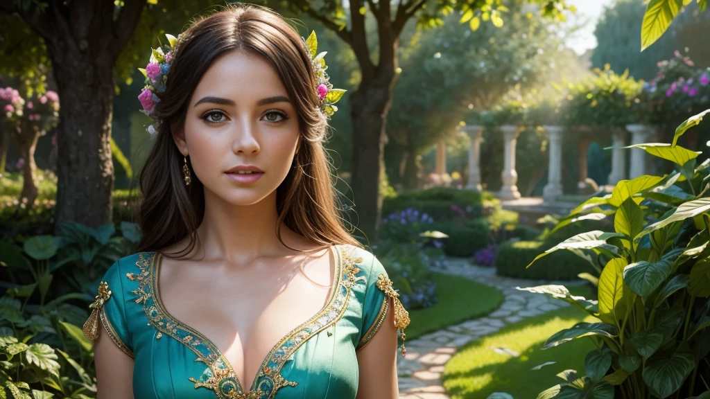a beautiful woman in a magical garden, detailed face and eyes, long eyelashes, elegant dress, surprised expression, sense of wonder and awe, vibrant colors, soft lighting, 8k, high quality, intricate details, photorealistic, fantasy art