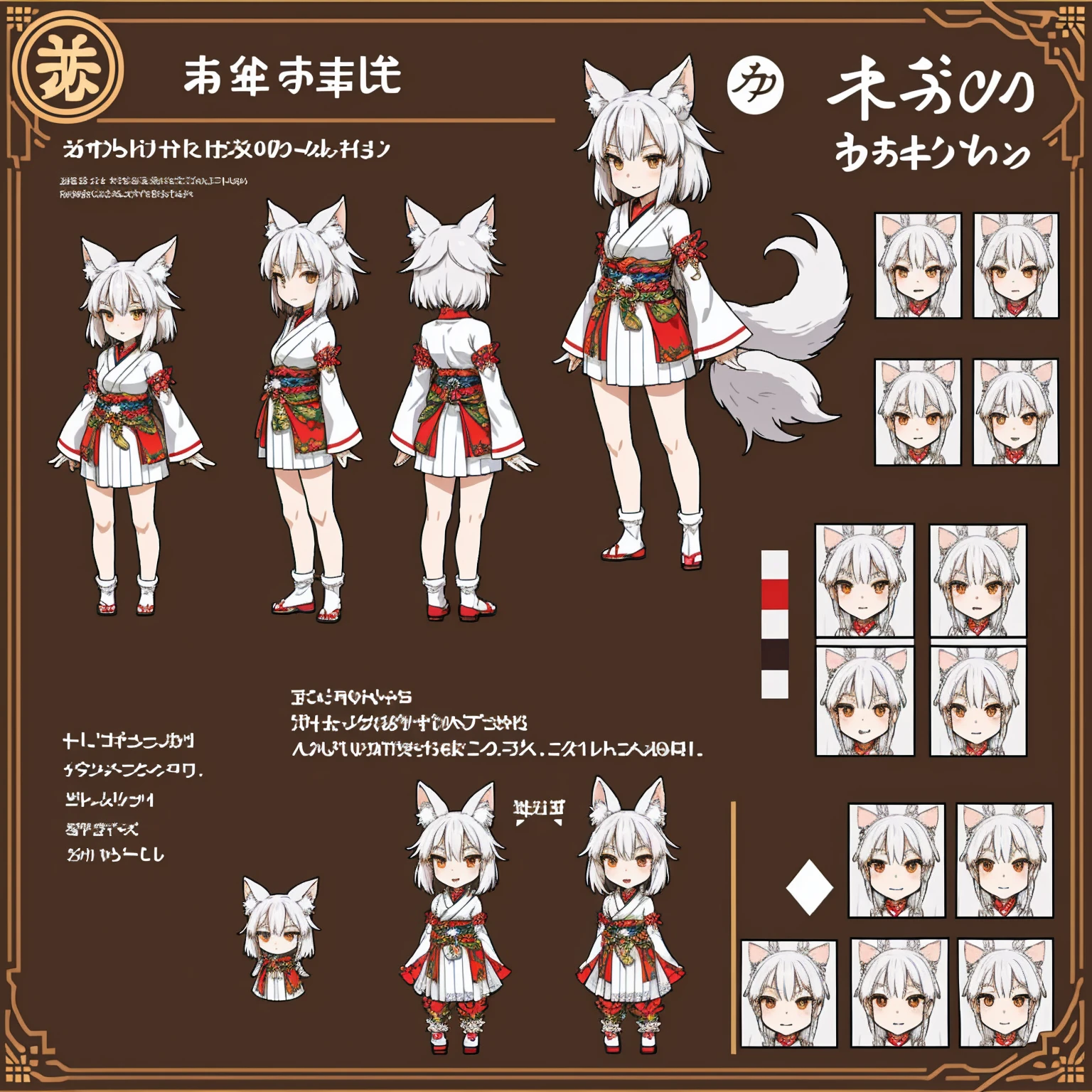 Character Sheet, A graceful wild fox girl with mostly silver hair, Japanese Shrine Maiden Costume, variation, Highest quality, pixel