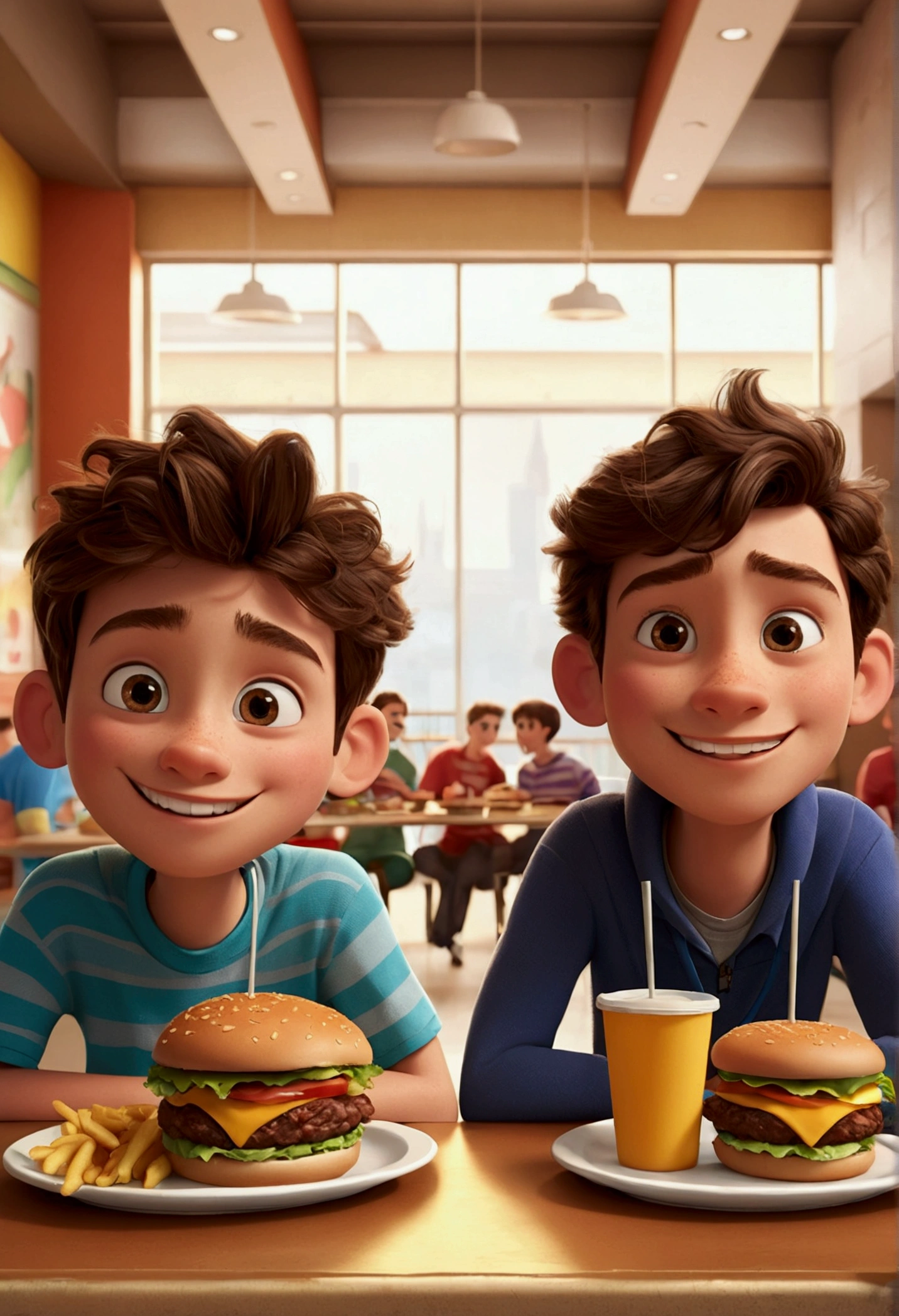 An illustration of two adorable friends, formed by two male teenagers, with beautiful expressive eyes. They are in a cafeteria eating two burgers, each with a smile on their face, and share a special moment characterized by friendship, Perceptions. Illustrate this scene from a perspective where they are facing the camera, Smiling and showing your connection. Develop this art in Full HD, Focus on your cinematic talent, Estilo Disney Pixar Animations
