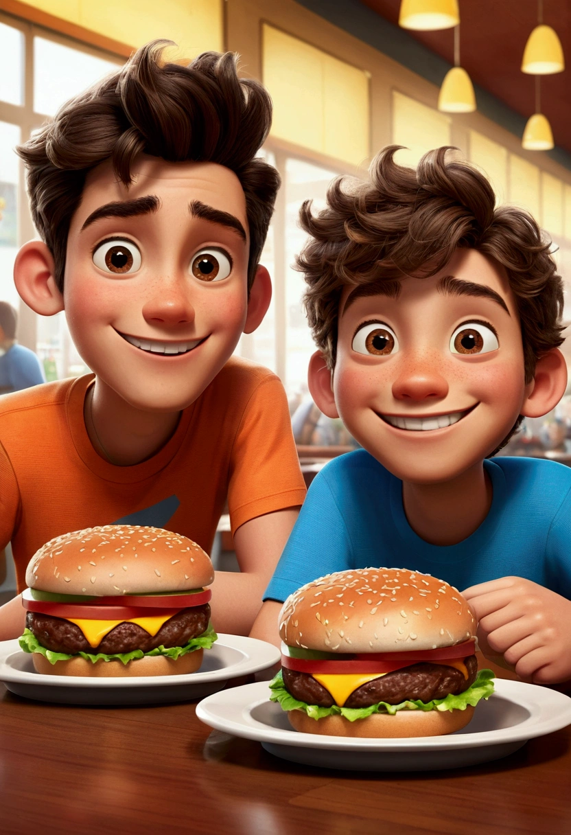 An illustration of two adorable friends, formed by two male teenagers, with beautiful expressive eyes. They are in a cafeteria eating two burgers, each with a smile on their face, and share a special moment characterized by friendship, Perceptions. Illustrate this scene from a perspective where they are facing the camera, Smiling and showing your connection. Develop this art in Full HD, Focus on your cinematic talent, Estilo Disney Pixar Animations