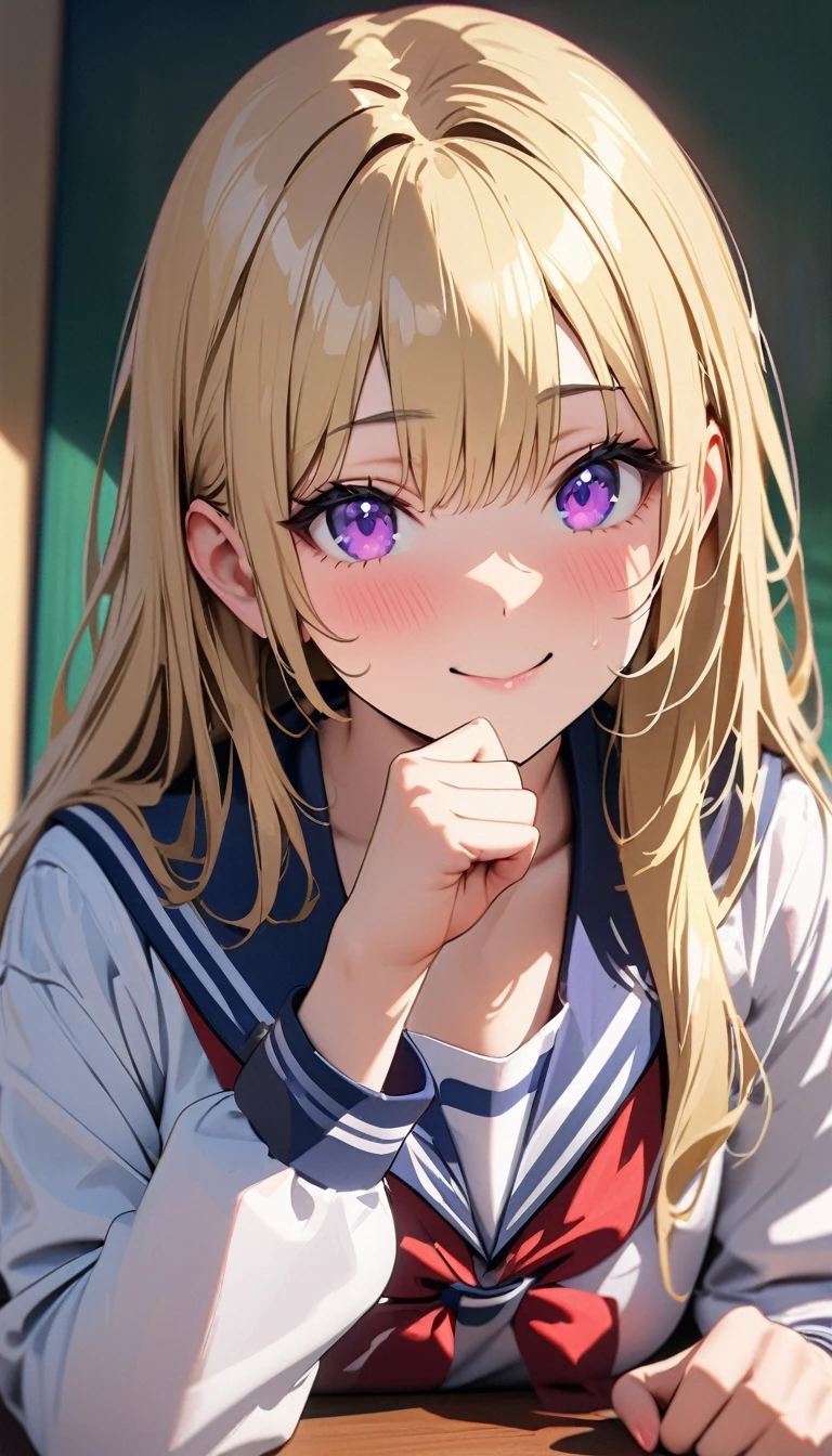 Modern, Verism, masterpiece, Textured skin, Super Detail, Highest quality, 4K , Beautiful woman , ,Sailor suit, She has her chin on her hand, Looking into the camera, The setting is a high school classroom during the day. With super shiny long blonde hair.、Make up image of young woman with captivating violet eyes。she smiles warmly、There is a slight redness on the cheeks。I don't understand studying、I'm totally stressed out.